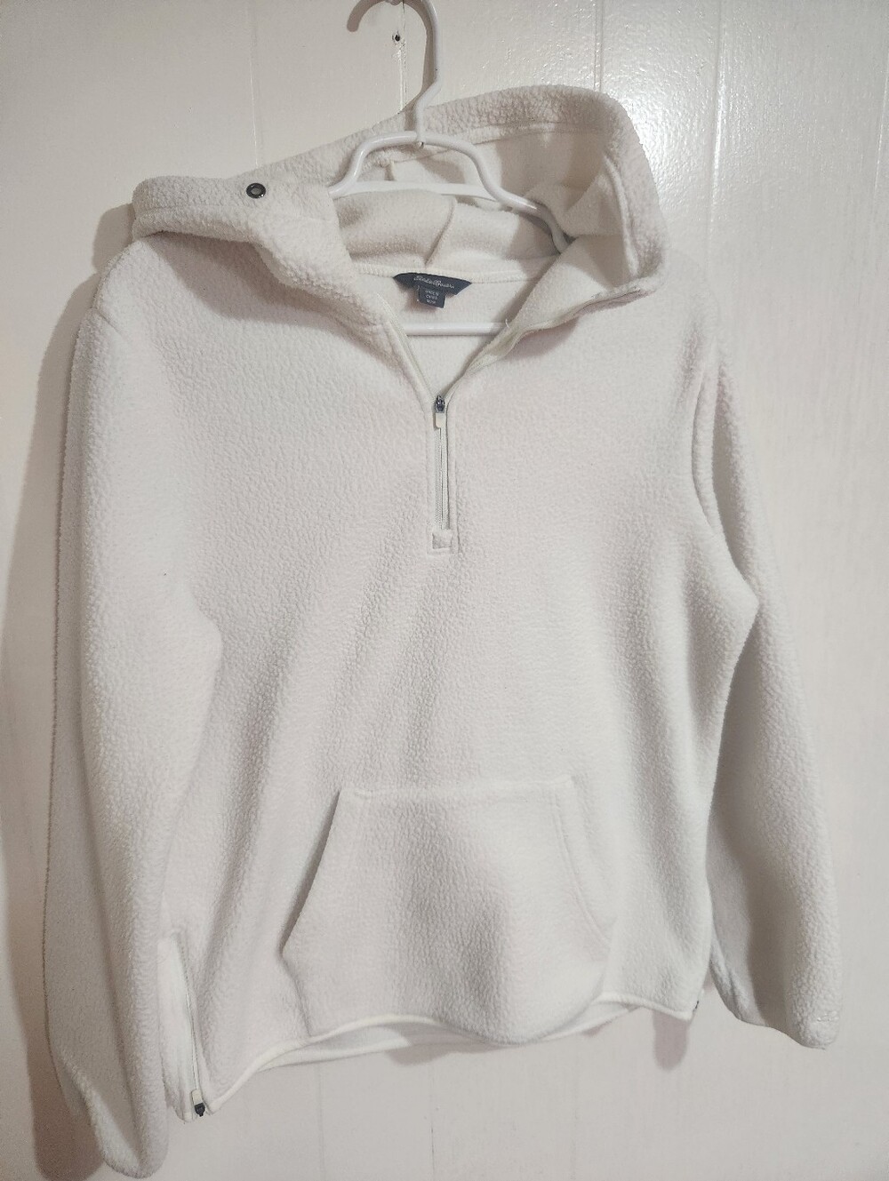 Eddie Bauer White Fleece Quarter-Zip Hooded Pullover Sweater Medium